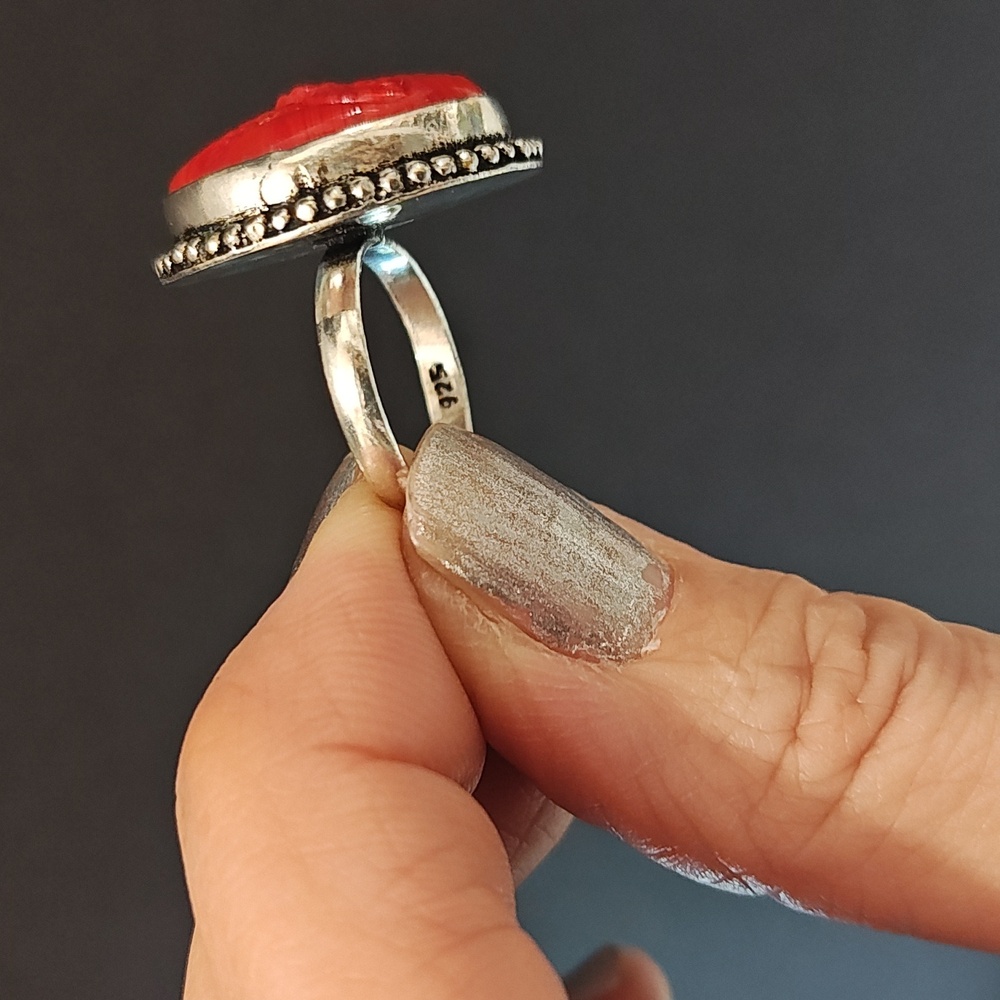 Red Coral Floral Carved Gemstone Ring - Size 6 - Picture 8 of 8